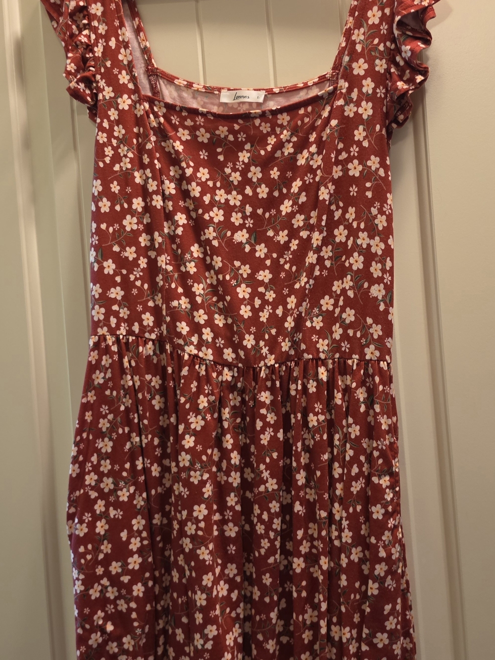 Loewe Rust Red Floral Midi Dress with Ruffle Sleeves